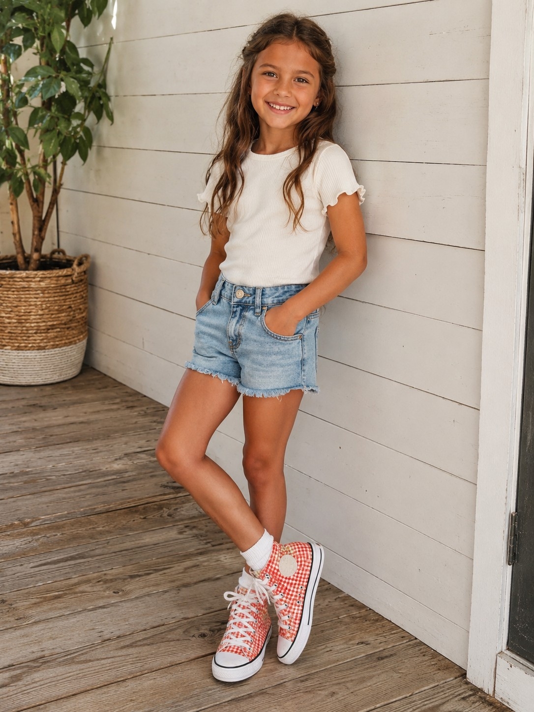 Converse Chuck Taylor All Star Gingham High Tops | Kids Size 1 | Orange & White